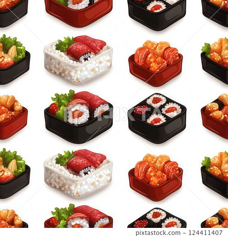 Delightful Kawaii Bento Pattern for Seamless Background or Wallpaper Design 124411407