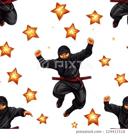 Seamless Pattern of Ninjas and Throwing Stars for Background Design Use 124411518