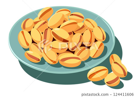 Plate with pistachios. Vector isolated illustration Plate with pistachios. Vector isolated illustration 124411606