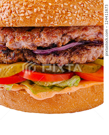 Delicious grilled burger with fresh toppings and sauce Delicious grilled burger with fresh toppings and sauce 124411673