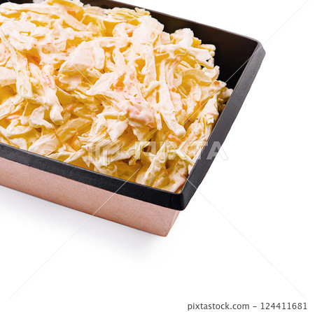 Creamy coleslaw served in a black plastic container Creamy coleslaw served in a black plastic container 124411681