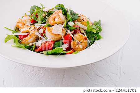 Gourmet shrimp salad with fresh greens 124411701