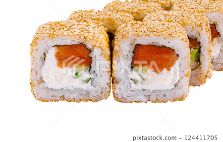 California sushi roll with sesame seeds isolated on white 124411705