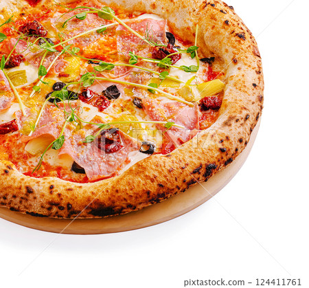 Delicious gourmet pizza topped with fresh ingredients 124411761