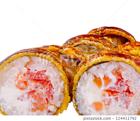 Tempura maki sushi rolls showing salmon and cream cheese filling on white background Tempura maki sushi rolls showing salmon and cream cheese filling on white background 124411792