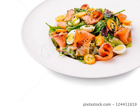 Fresh salad with smoked salmon and colorful cherry tomatoes Fresh salad with smoked salmon and colorful cherry tomatoes 124411819