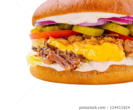 Juicy sandwich loaded with toppings and savory ingredients Juicy sandwich loaded with toppings and savory ingredients 124411824