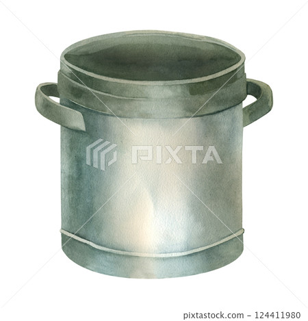 Metallic vintage saucepan gray color hand painted with watercolor and isolated on white background. Watercolor illustration. Suitable for printing on paper, fabric, for decoration. 124411980