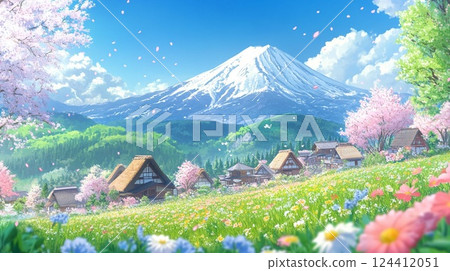 Mount Fuji and the Village with Cherry Blossoms 124412051