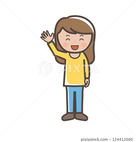 全身插圖：一位身穿褲子的年輕女子麵帶笑容地打招呼 124412080