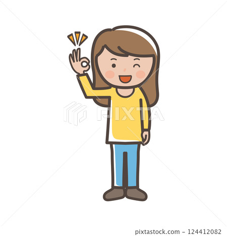 Full-body illustration of a young woman in pants giving an OK sign of understanding Full-body illustration of a young woman in pants giving an OK sign of understanding 124412082