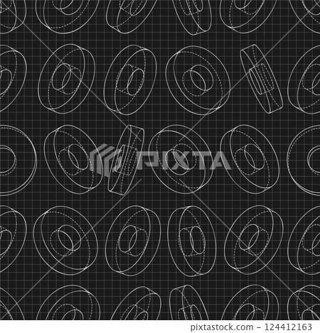 Mechanical engineering drawings on black background. Cutter, assembly tool with replaceable multi-faceted plate. Technical Design. Cover. Blueprint. Vector illustration. Seamless pattern. Mechanical engineering drawings on black background. Cutter, assembly tool with replaceable multi-faceted plate. Technical Design. Cover. Blueprint. Vector illustration. Seamless pattern. 124412163