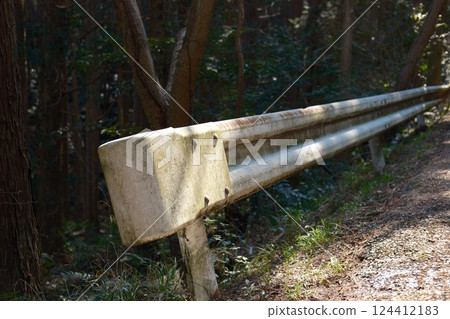 Decayed guardrail in the forest 124412183