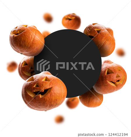 Glowing pumpkins levitate on a white background 124412194