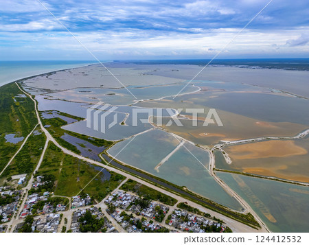 las coloradas pink salines aerial view panorama landscape yucatan mexico las coloradas pink salines aerial view panorama landscape yucatan mexico 124412532