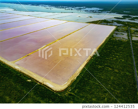 las coloradas pink salines aerial view panorama landscape yucatan mexico 124412535