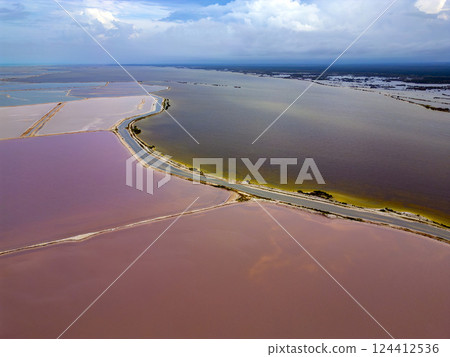 las coloradas pink salines aerial view panorama landscape yucatan mexico 124412536