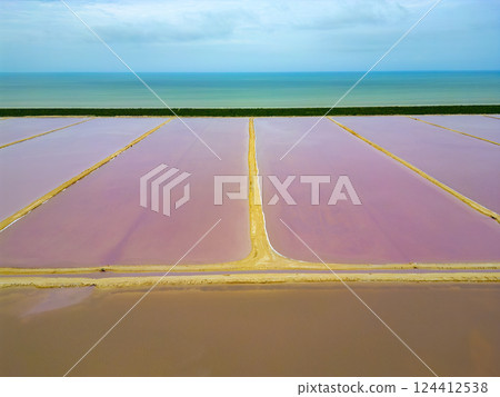 las coloradas pink salines aerial view panorama landscape yucatan mexico las coloradas pink salines aerial view panorama landscape yucatan mexico 124412538