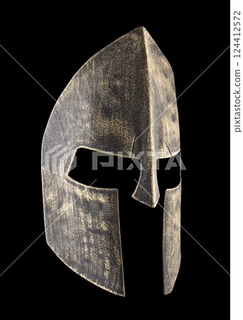 Ancient iron spartan helmet isolated on black background with clipping path Ancient iron spartan helmet isolated on black background with clipping path 124412572