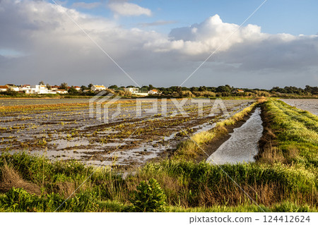 Traditional fishermen wooden jetties Cais Palafitico on Carrasqueira, Alcacer do Sal, Setubal, Portugal 124412624