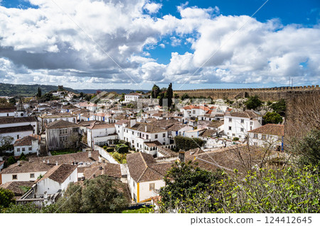 View of Obidos with renaissance Church of Saint Mary, Santa Maria at Obidos, Portugal 124412645