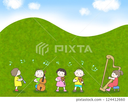 孩子們在山腳下一起玩耍的插圖 孩子們在山腳下一起玩耍的插圖 124412660