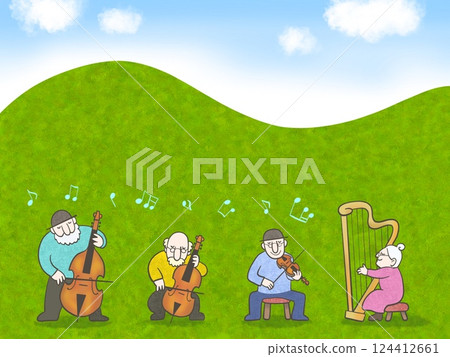 老年人在山腳下欣賞音樂合奏的插圖 老年人在山腳下欣賞音樂合奏的插圖 124412661
