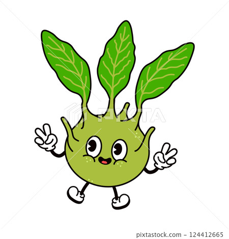 Adorable Kohlrabi cartoon character strikes a cheerful pose with peace sign gestures on a white background. Adorable Kohlrabi cartoon character strikes a cheerful pose with peace sign gestures on a white background. 124412665
