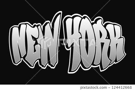 New York word trippy psychedelic graffiti style letters. Vector hand drawn doodle cartoon logo New York illustration. Funny cool trippy letters, fashion graffiti style print for t-shirt poster concept 124412668