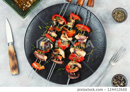 Octopus skewers grilled. Octopus skewers grilled. 124412688