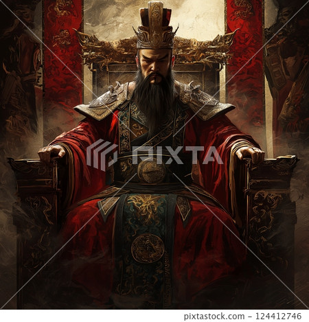 Chinese Emperor seated on a throne 124412746
