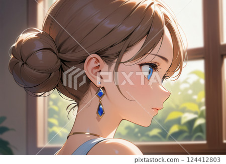 Anime girl with wispy hair and blue eyes at the window, close-up portrait 124412803