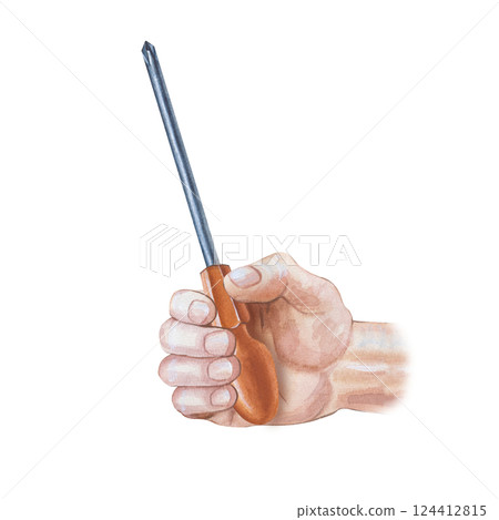 An iron screwdriver in a man's sturdy hand is hand-drawn on a white background. Watercolor illustration with a body part and a construction tool. Home improvement, renovation. An iron screwdriver in a man's sturdy hand is hand-drawn on a white background. Watercolor illustration with a body part and a construction tool. Home improvement, renovation. 124412815