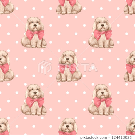 Seamless Pattern with Cute Fluffy Dog Design on Pink Background. Seamless Pattern with Cute Fluffy Dog Design on Pink Background. 124413025