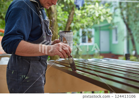 Faceless man painting iron pipes on the background of his house. Copy space Faceless man painting iron pipes on the background of his house. Copy space 124413106