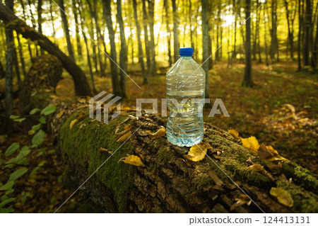 Water in a plastic bottle standing on a fallen tree stump Water in a plastic bottle standing on a fallen tree stump 124413131