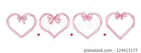 Coquette bow heart ribbon frames set. Wedding, save the date vintage design element. Cute line romantic vector illustration. French patisserie style. Contour Victorian vector illustration. 124413177