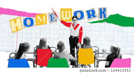 Conceptual artwork. Teacher pointing at word HOMEWORK in front of classroom, students attentively watching, symbolizing academic focus. 124413351