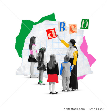 Contemporary art design. Teacher pointing at colorful ABC cards while kids watch attentively, highlighting early education and classroom engagement. 124413355