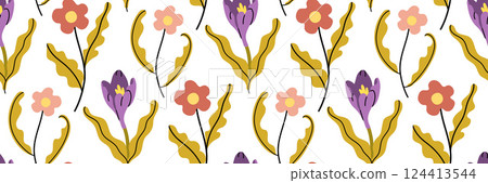 Spring Floral Seamless Pattern with Purple and Pink Flowers. Blooming crocus flowers with green leaves. Delicate botanical background for textiles, wrapping paper, wallpapers. Vector flat illustration 124413544