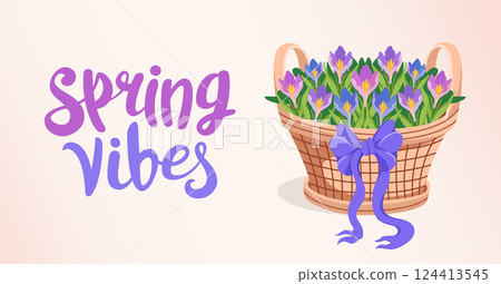 Spring vibes banner with Festive Basket and spring crocus. Spring background with flowers for holiday greeting, invitation. Vector flat illustration. 124413545