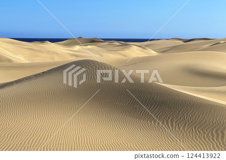 Sand dune in Maspalomas, Gran Canaria. Sand barkhan with a wavy pattern Sand dune in Maspalomas, Gran Canaria. Sand barkhan with a wavy pattern 124413922
