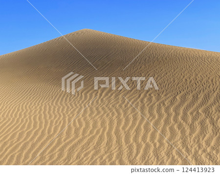 Sand dune in Maspalomas, Gran Canaria. Sand barkhan with a wavy pattern 124413923