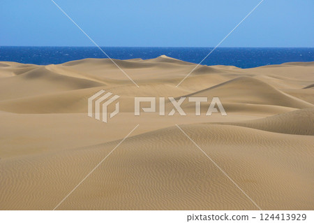 Sand dune with a sea at the background in Maspalomas, Gran Canaria 124413929
