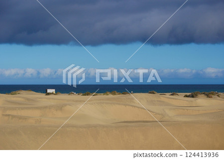 Sand dune with a sea beach at the background in Maspalomas, Gran Canaria 124413936