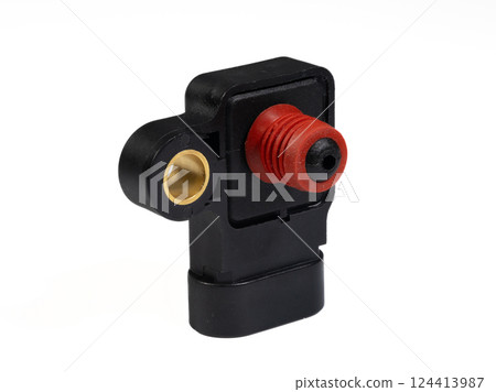 Automotive Pressure Sensor Black Plastic Body Component with Red Rubber Seal over White Mechanical Background 124413987