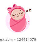 Cute newborn baby girl napping with wrapped in clothes illustration  124414079