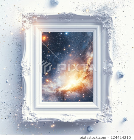 A white frame with a picture of a galaxy inside 124414210