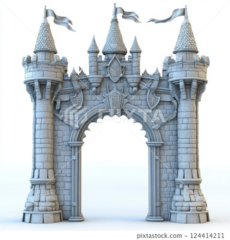 A castle gate with a flag on it 124414211