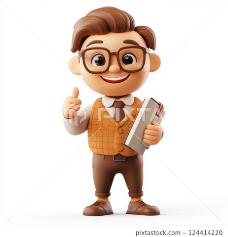 A cartoon character wearing glasses and a vest is holding a book 124414220